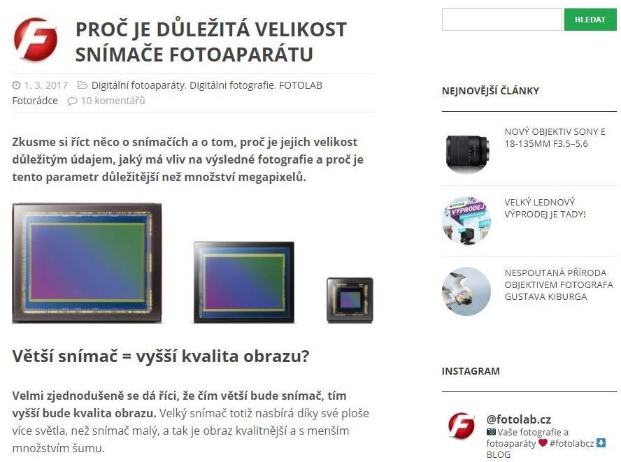 Velikost snímače fotoaparátu