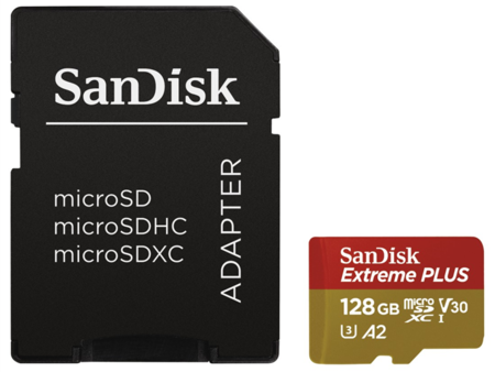 SanDisk Extreme Plus microSDXC 128GB 170 MB/s A2 C10 V30 UHS-I U3 + adaptér