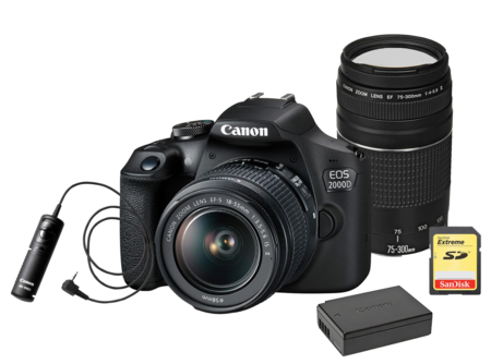 Canon EOS 2000D + 18-55mm IS II + 75-300mm III + 2. akumulátor + kabelová spoušť RS-60E3 + 32GB SDHC