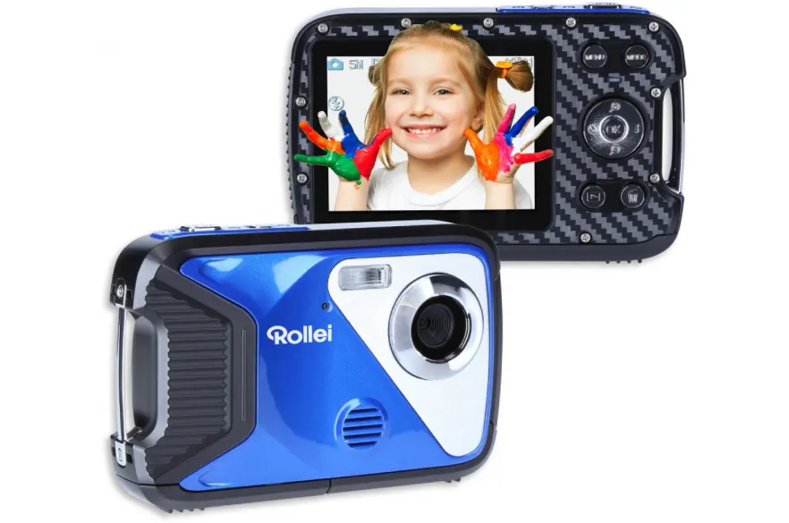 Modrý kompaktní fotoaparát Rollei