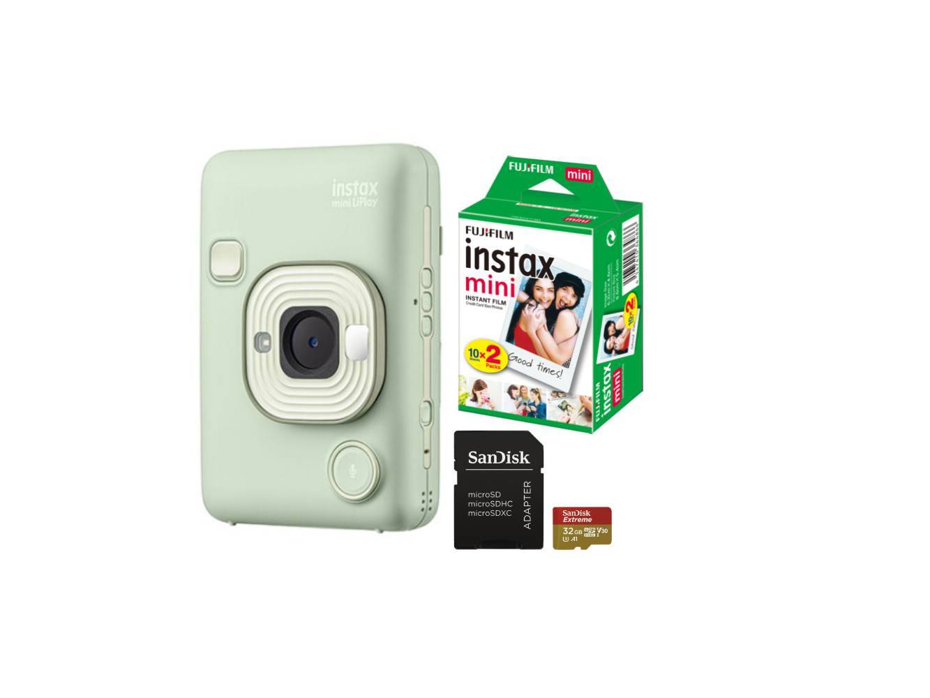 Fujifilm instax mini LiPlay™, zelená + Colorfilm (20ks) + 32 GB microSD + adaptér Fujifilm instax mini LiPlay™, zelená + Colorfilm (20ks) + 32 GB microSD + adaptér