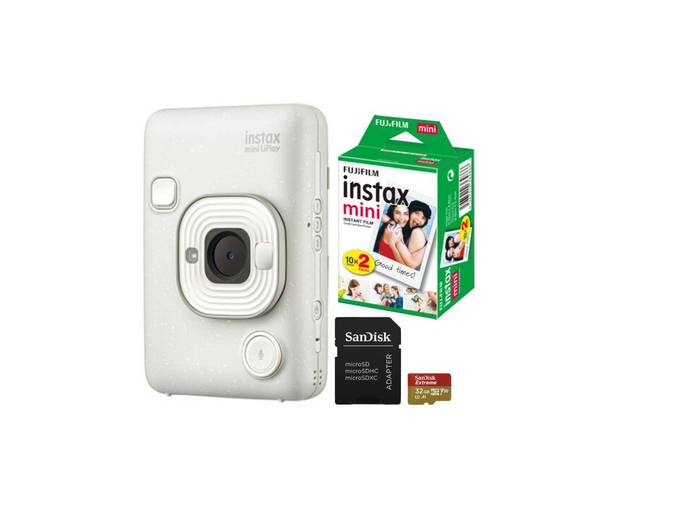 Fujifilm instax mini LiPlay™, bílá + Colorfilm (20ks) + 32 GB microSD + adaptér