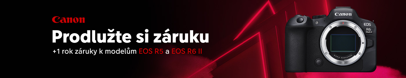 Reklamní banner s černým fotoaparátem Canon EOS R6 Mark II umístěným vpravo na tmavě červeném pozadí s textem „Prodloužte si záruku +1 rok záruky k modelům EOS R5 a EOS R6 II“.