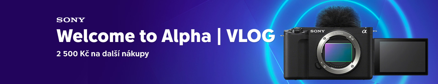 Sony Alpha fotoaparát s výklopným displejem a mikrofonem, na fialovém pozadí s modrými kruhy