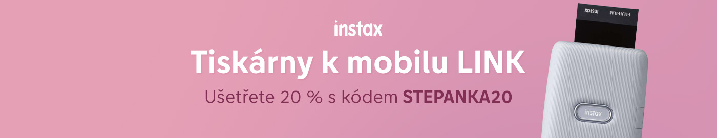 Růžové pozadí se světlým textem propagujícím tiskárnu Instax LINK, která tiskne fotografie z mobilu, včetně slevového kódu STEPANKA20 Růžové pozadí se světlým textem propagujícím tiskárnu Instax LINK, která tiskne fotografie z mobilu, včetně slevového kódu STEPANKA20