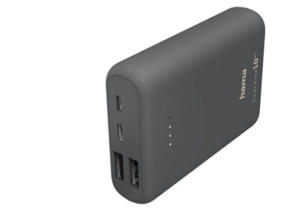 Černá powerbanka s dvěma USB porty, jedním micro USB portem a čtyřmi LED indikátory nabití