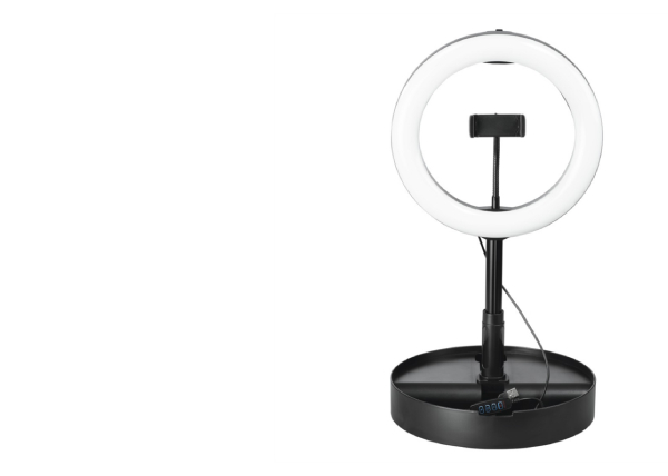 Kruhové světlo na stojanu s držákem na telefon, černý podstavec a kabel