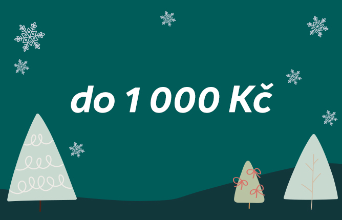 Text na tmavě zeleném pozadí s bílým nápisem „do 1 000 Kč“, ozdobené jednoduchými kresbami vánočních stromků a sněhových vloček Text na tmavě zeleném pozadí s bílým nápisem „do 1 000 Kč“, ozdobené jednoduchými kresbami vánočních stromků a sněhových vloček