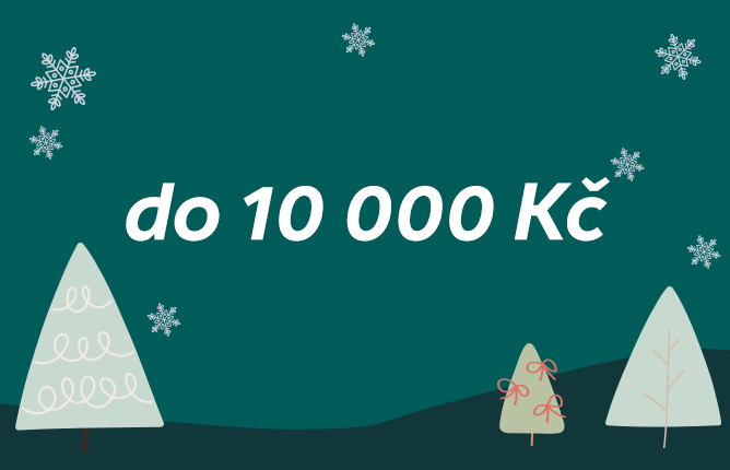 Zelené vánoční pozadí s nápisem „do 10 000 Kč“, sněhovými vločkami a ozdobenými stromečky Zelené vánoční pozadí s nápisem „do 10 000 Kč“, sněhovými vločkami a ozdobenými stromečky