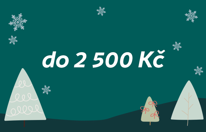 Text „do 2 500 Kč“ na tmavě zeleném pozadí s kreslenými stromečky a sněhovými vločkami Text „do 2 500 Kč“ na tmavě zeleném pozadí s kreslenými stromečky a sněhovými vločkami