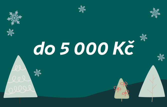 Zelené pozadí s nápisem „do 5 000 Kč“, ozdobené sněhovými vločkami a stylizovanými vánočními stromečky Zelené pozadí s nápisem „do 5 000 Kč“, ozdobené sněhovými vločkami a stylizovanými vánočními stromečky